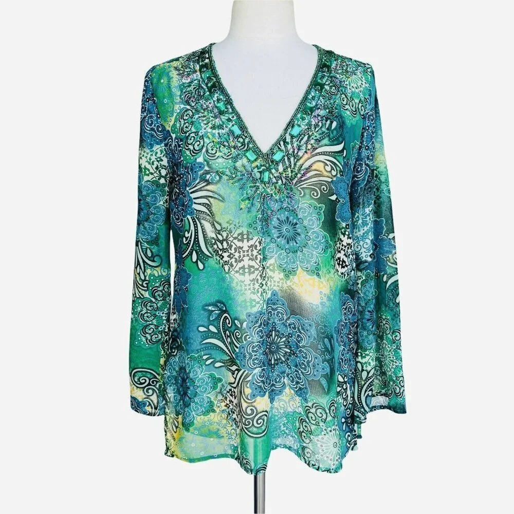 RAVIYA Women’s size M Green floral sheer v-neck Long Sleeve Beaded Tunic Blouse